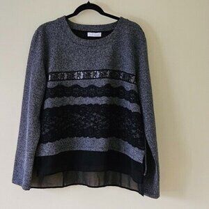 Intrend Max Mara Top Womens L Gray Black Pullover LS Lace Satin Sheer Whimsigoth